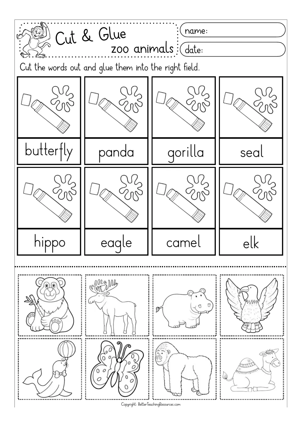 Black-and-white coloring version: match and glue pictures to butterfly, panda, gorilla, seal, hippo, eagle, camel and elk