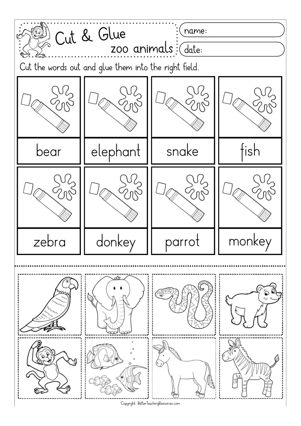 Black-and-white word match: cut out and glue pictures for bear, elephant, snake, fish, zebra, donkey, parrot and monkey
