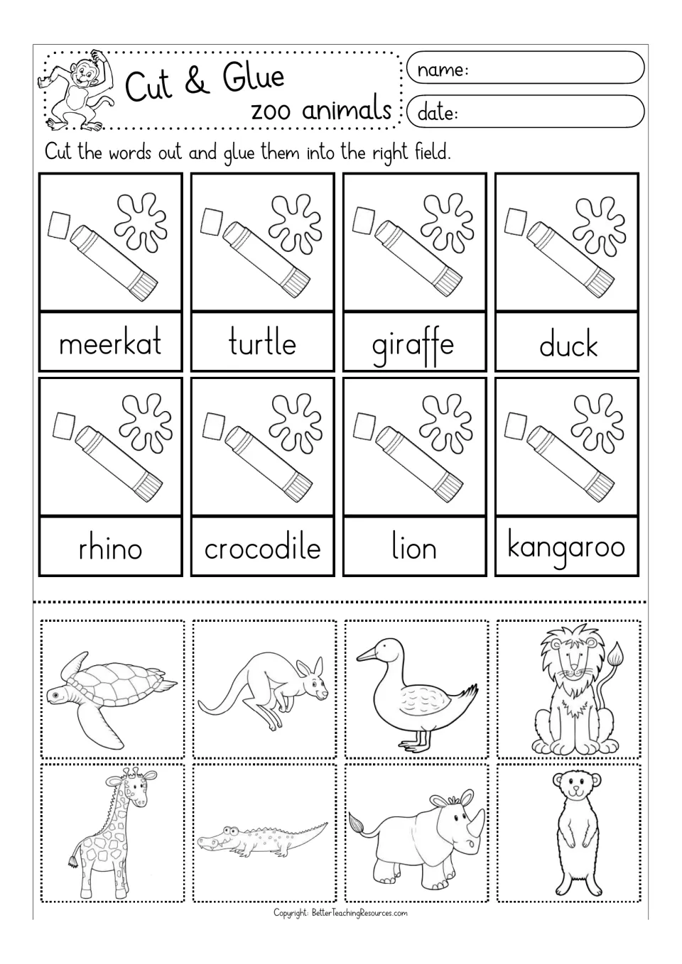 Coloring page match: cut and glue meerkat, turtle, giraffe, duck, rhino, crocodile, lion and kangaroo pictures to words