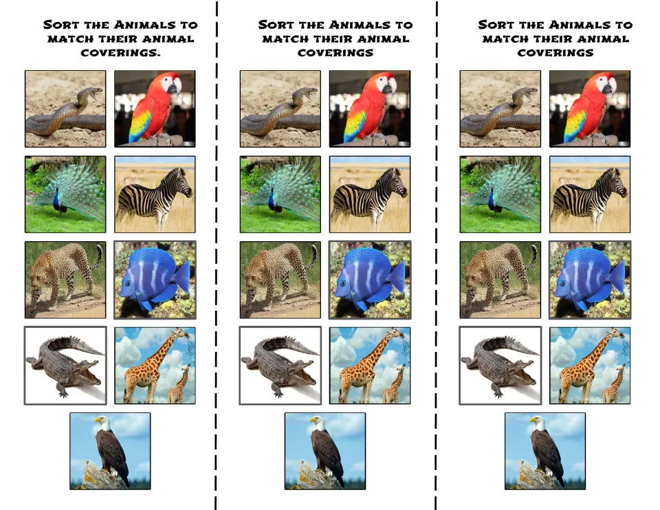 Color animal cut-outs to sort by covering: snake, parrot, peacock, zebra, leopard, fish, crocodile, giraffe, eagle