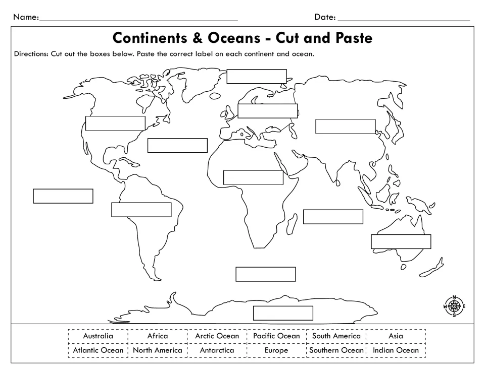 Continents and oceans map labeling: students cut out 12 name labels and paste each on the correct continent or ocean