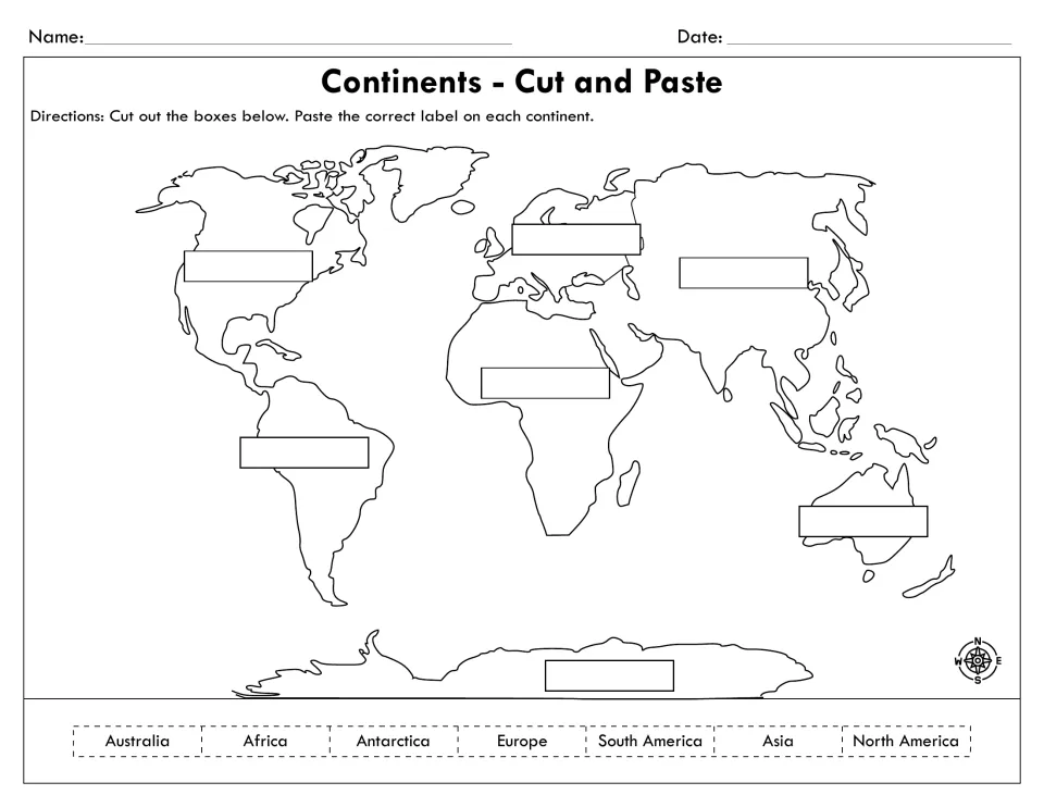 Continents cut and paste: students cut out seven continent labels and glue each onto a blank world map for map labeling