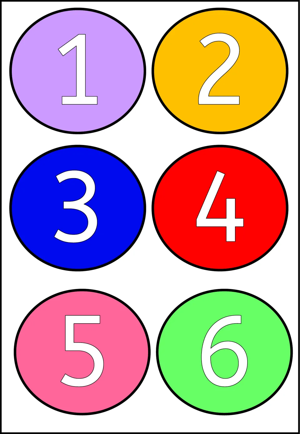 Numbers 1 to 6: six colored circles, each with one white outlined numeral, for students to cut out for number recognition