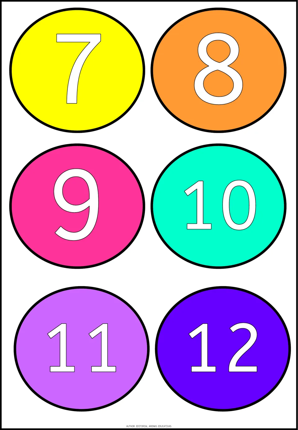 Numbers 7 to 12 as six bright cut-out circles, yellow 7 through violet 12, for practising numeral recognition and ordering