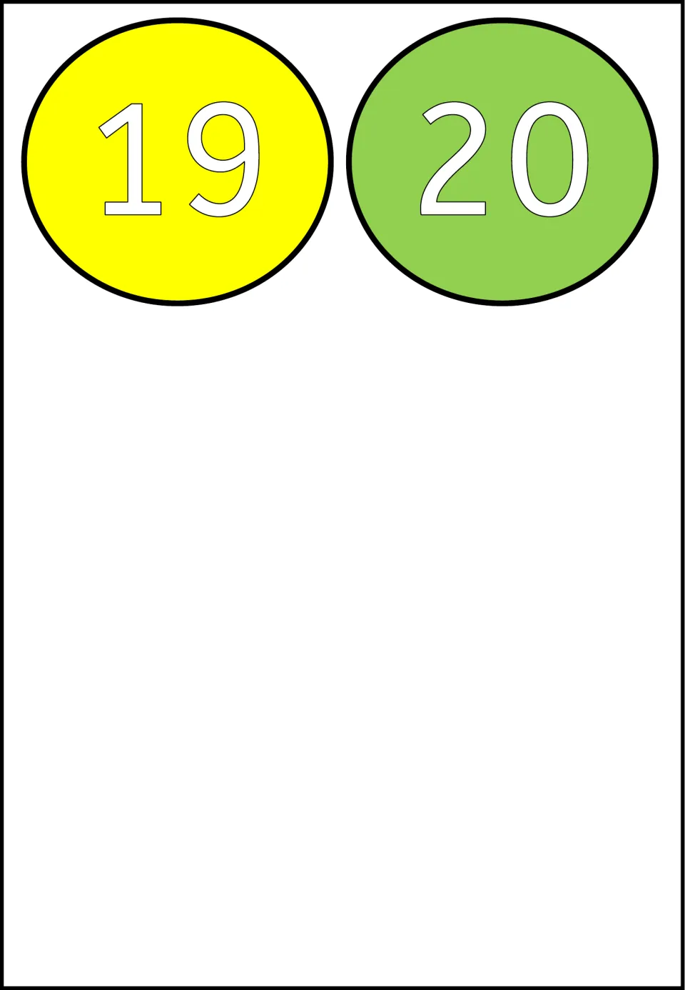 Numbers 19 and 20 on a yellow circle and a green circle to cut out, completing the set of numeral circles up to 20