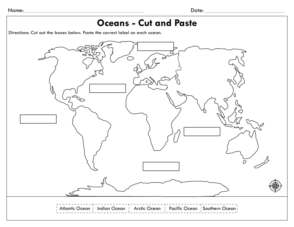 Ocean map labelling: students cut out five ocean names and paste Atlantic, Pacific, Indian, Arctic, Southern on the map