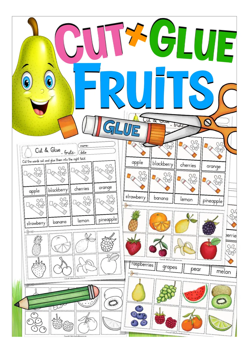 Cover for fruit cut-and-glue word matching showing color and coloring worksheets with fruit pictures, glue and scissors