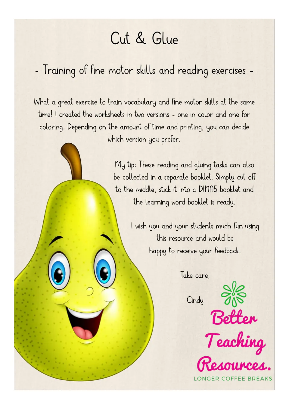 Teacher note: fine motor and reading practice in color and coloring versions, with a tip to collect pages in a booklet