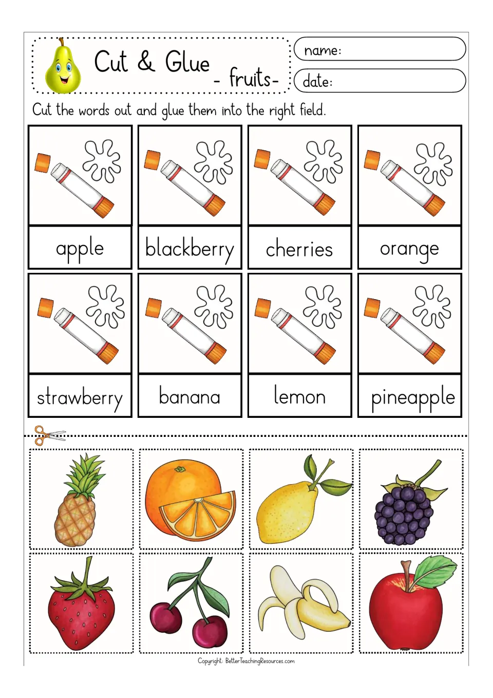 Fruit vocabulary: students cut out color pictures of apple, banana, lemon and 5 more fruits and glue each above its word