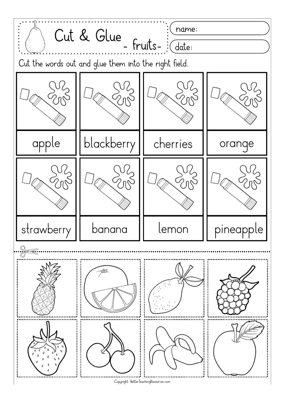Black-and-white fruit match: students glue apple, cherries, orange and 5 more outline pictures onto the matching words