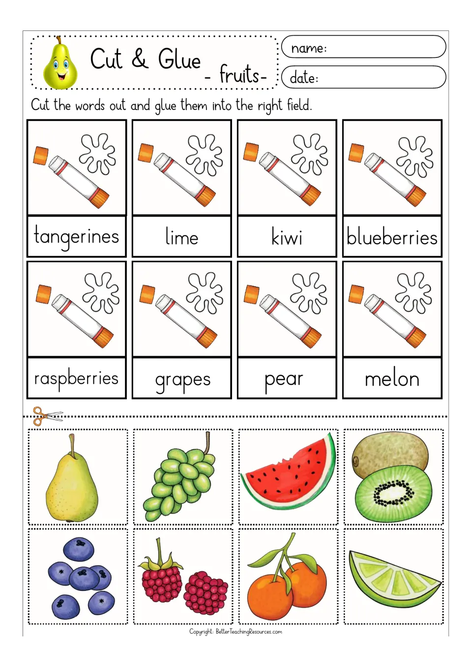 Second fruit set: students cut out color pictures of kiwi, pear, grapes, melon and 4 more and glue them to the fruit names