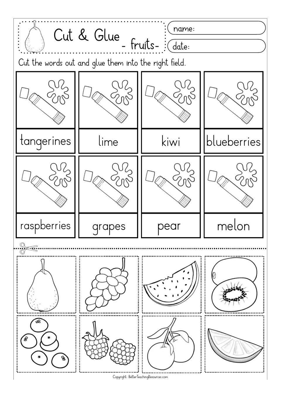 Second fruit set in outline: students match blueberries, raspberries, lime and other drawings to their printed words