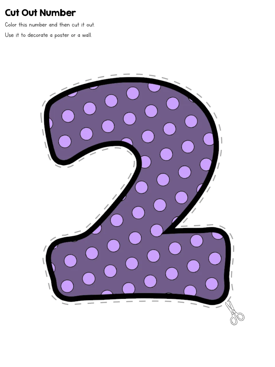 Cut Out Number 2 in purple polka dots: students color the two, trim around its curves and display it on a poster or wall