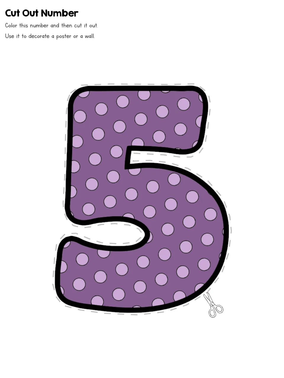 Cut Out Number 5 in violet polka dots: students color the five, cut it out with scissors and use it to decorate a wall