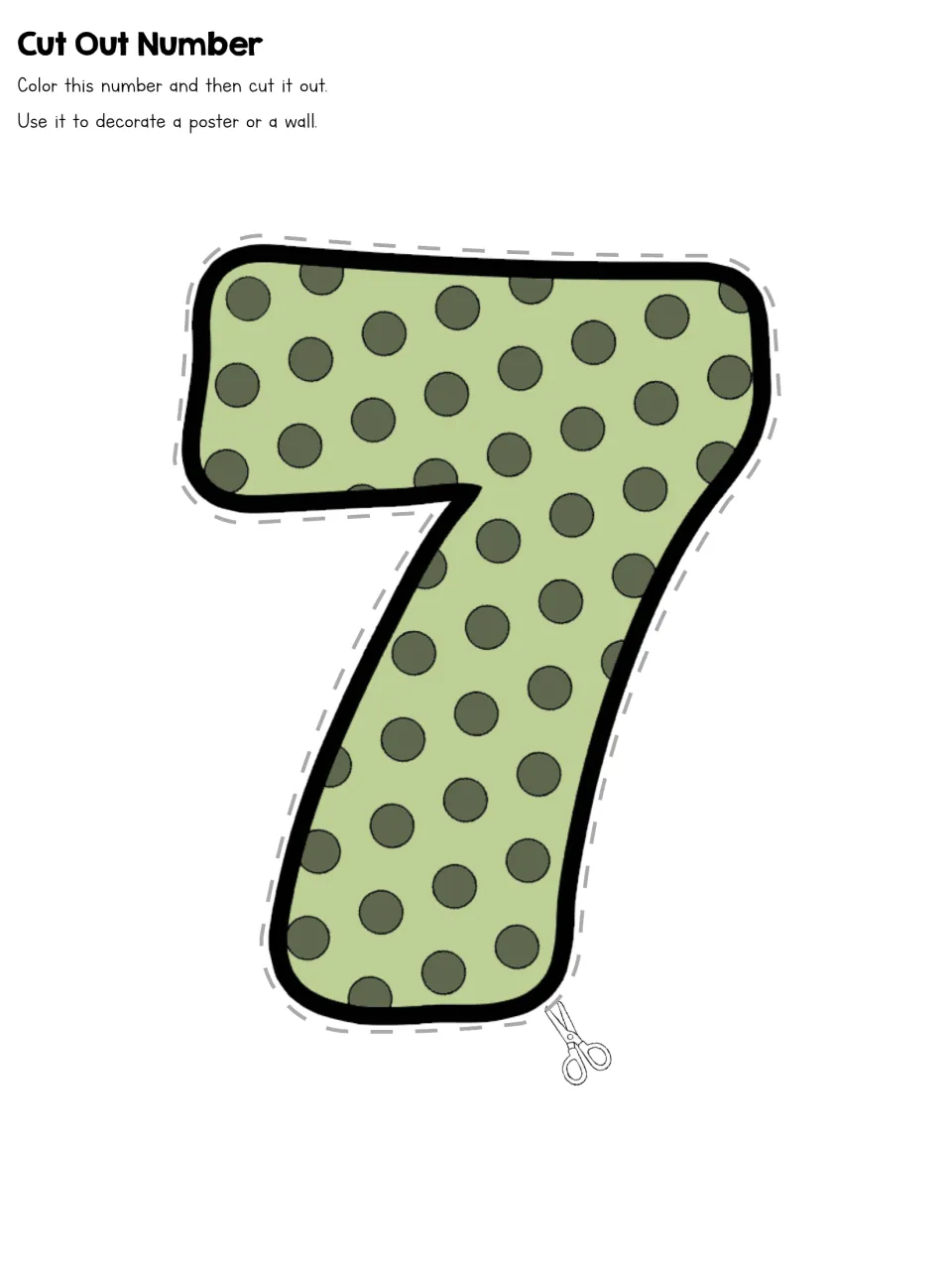 Cut Out Number 7 in sage polka dots: students color the seven, cut along its slanted edge and post it on a poster or wall
