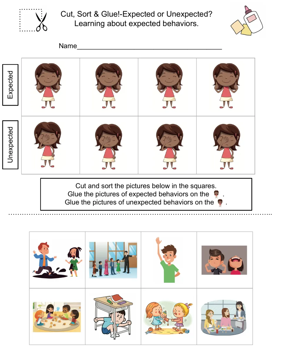 Behavior sorting activity: eight pictures to cut and glue as expected or unexpected, including raising a hand