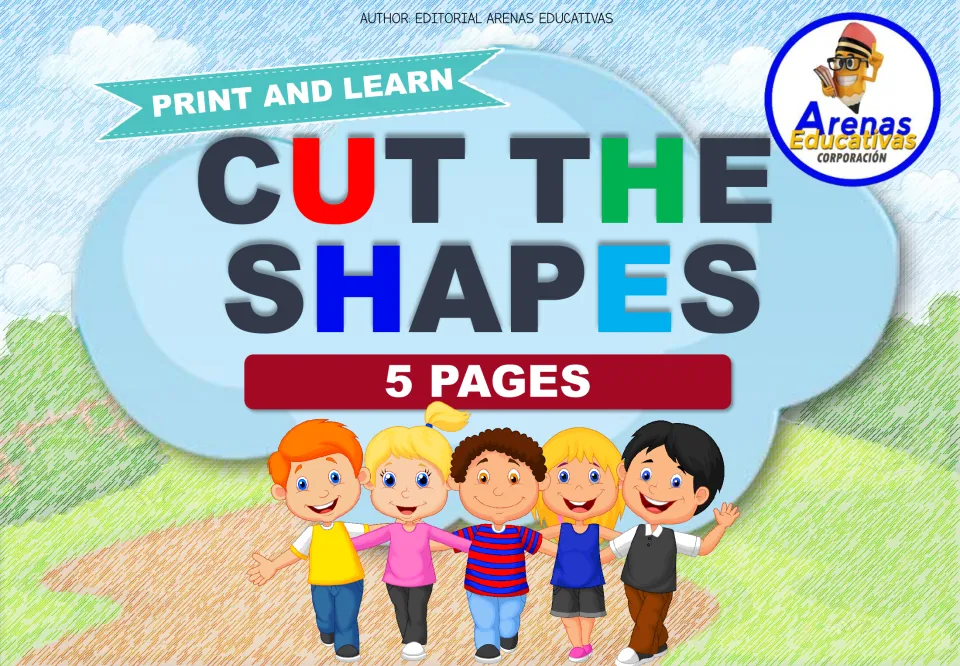 Cover of Cut the Shapes, a cutting practice resource labeled 'Print and Learn' and '5 Pages'