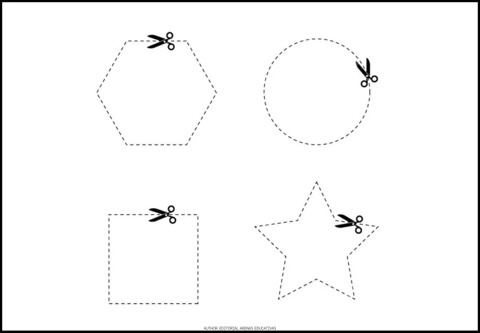 Shape-cutting practice sheet 1 of 5: a hexagon, circle, square, and five-pointed star to cut out