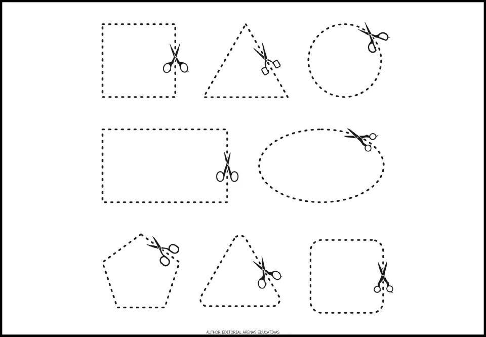 Shape-cutting practice sheet 2 of 5: eight shapes, including a square, triangle, circle, and oval