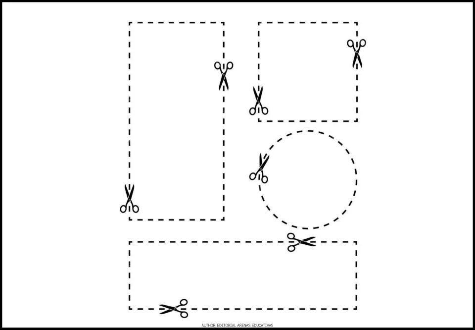 Shape-cutting practice sheet 3 of 5: two rectangles, one square, and one circle marked for cutting