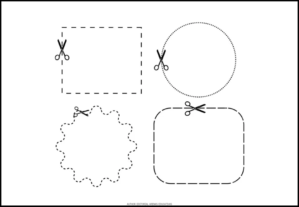 Shape-cutting practice sheet 4 of 5: a rectangle, circle, scalloped shape, and rounded rectangle