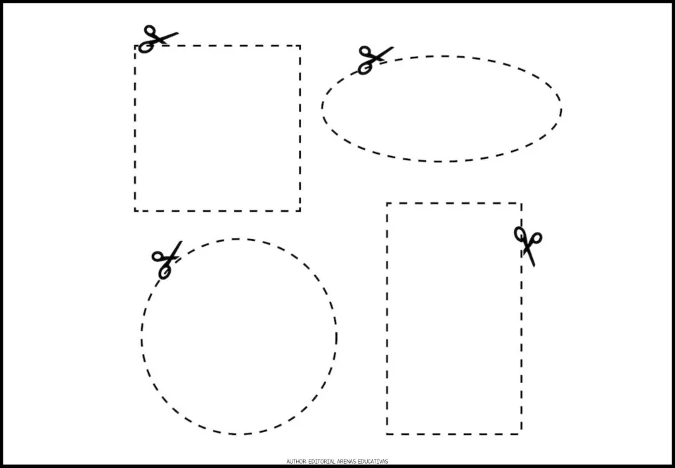 Shape-cutting practice sheet 5 of 5: a square, oval, circle, and tall rectangle marked for cutting