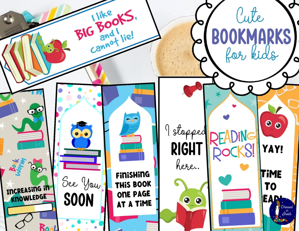 Cute Bookmarks for Kids cover showing seven reading bookmark designs with owls, bookworms, apples and book stacks