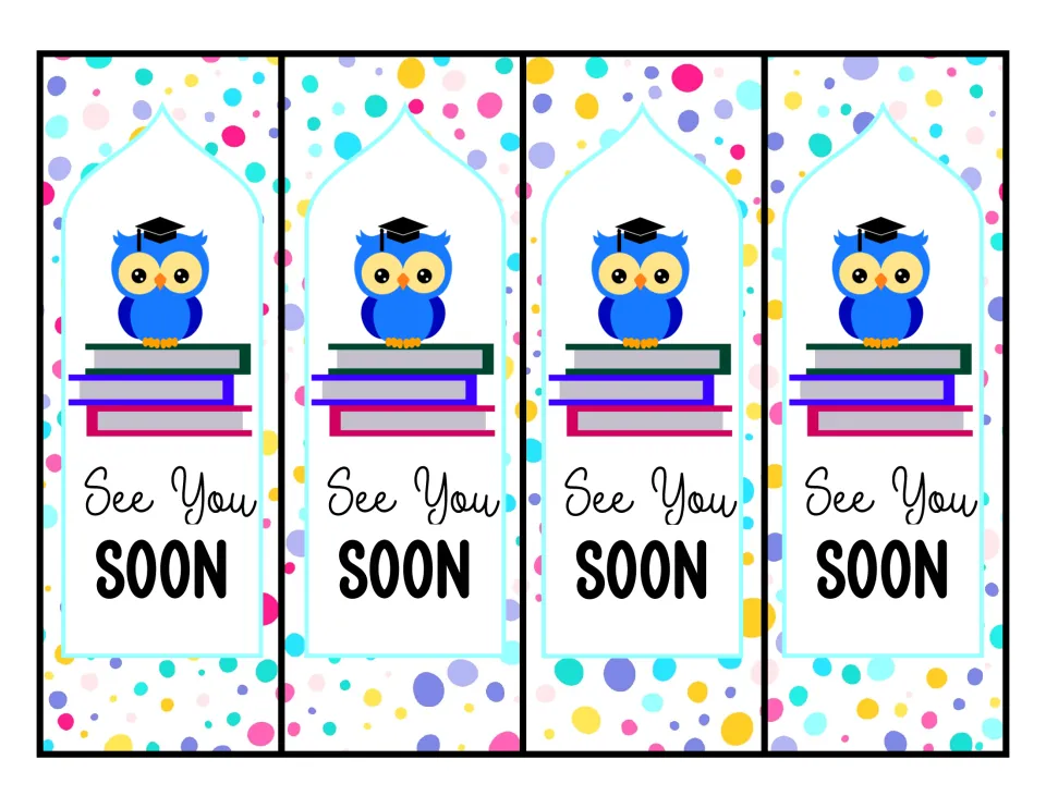 See You Soon bookmarks: four printable bookmarks with a blue owl in a graduation cap on books, set on polka dots