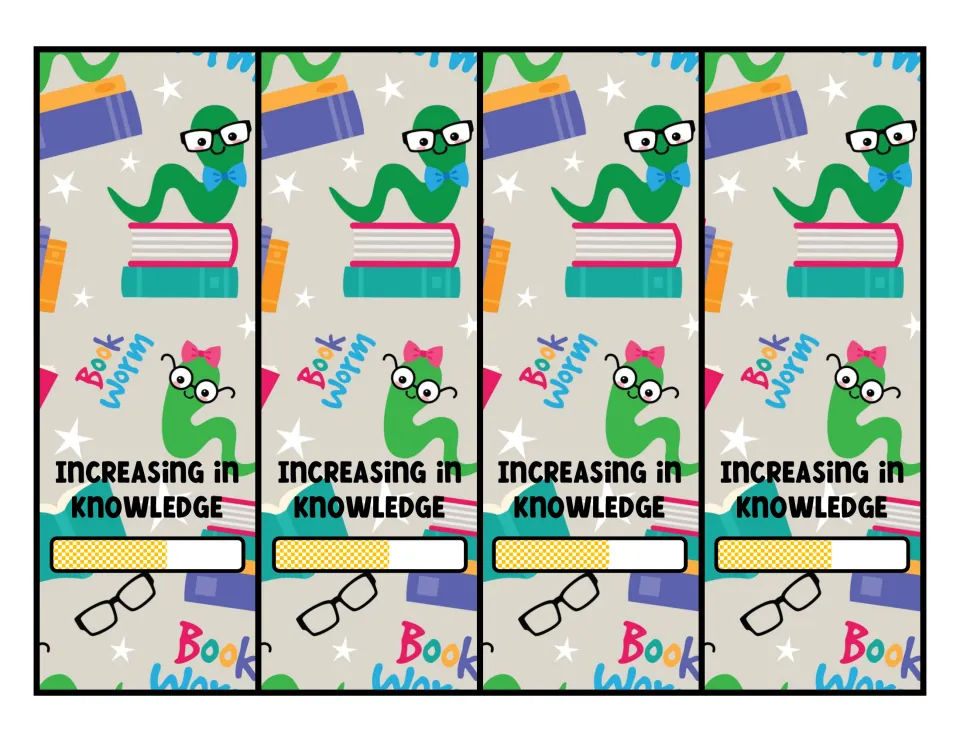 Increasing in Knowledge bookmarks: four bookworm bookmarks, each with a half-filled progress bar under the slogan