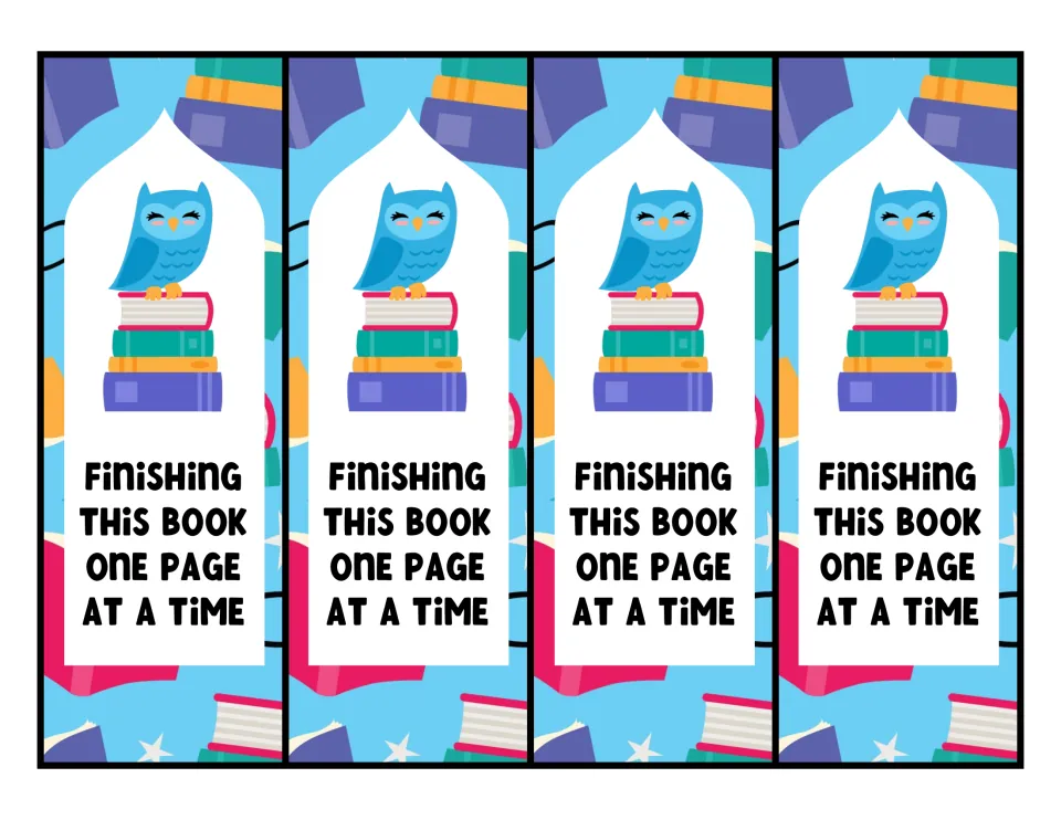 Finishing This Book One Page at a Time bookmarks: four printable strips with a smiling blue owl perched on stacked books
