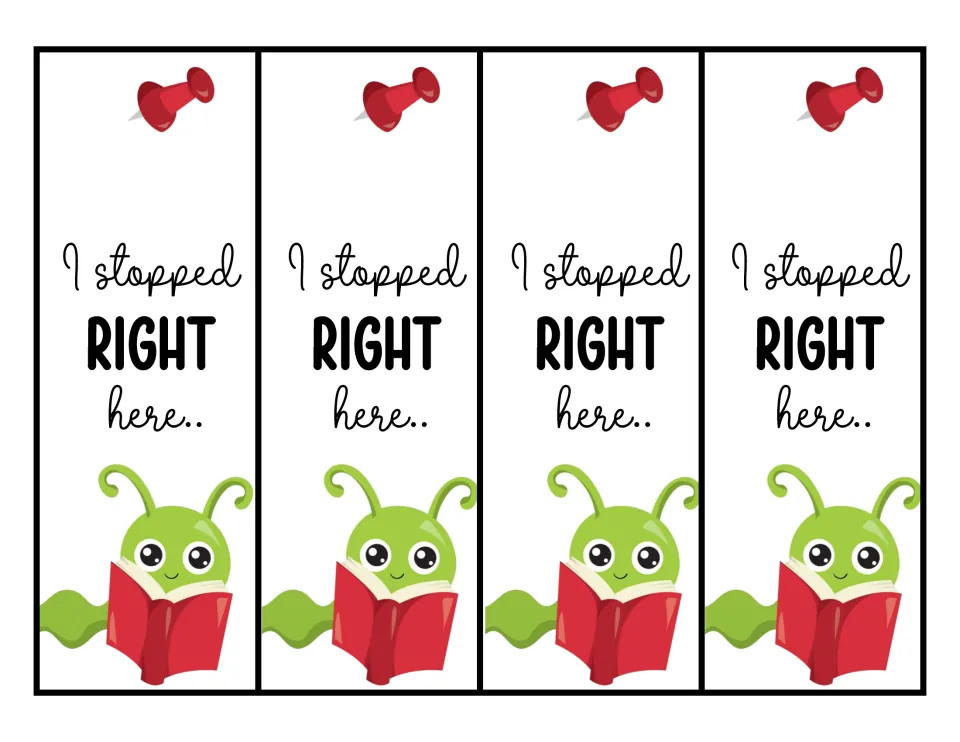 I Stopped Right Here bookmarks: four place-marker strips with a red pushpin and a green bug reading a red book