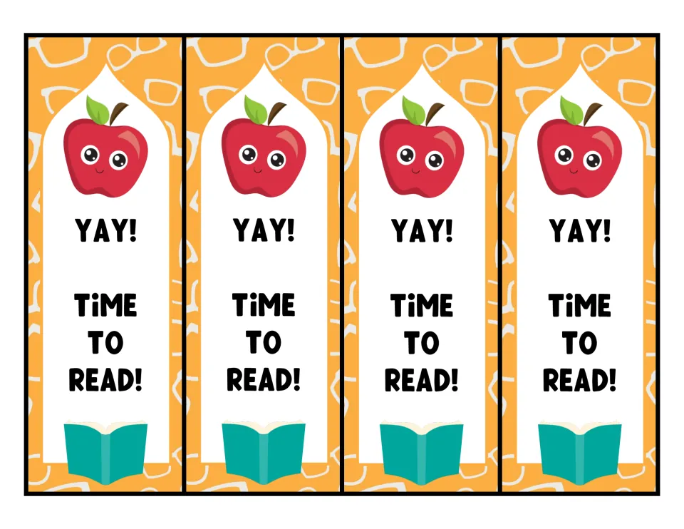 Yay! Time to Read! bookmarks: four strips with a smiling apple and an open teal book on an orange glasses-print background