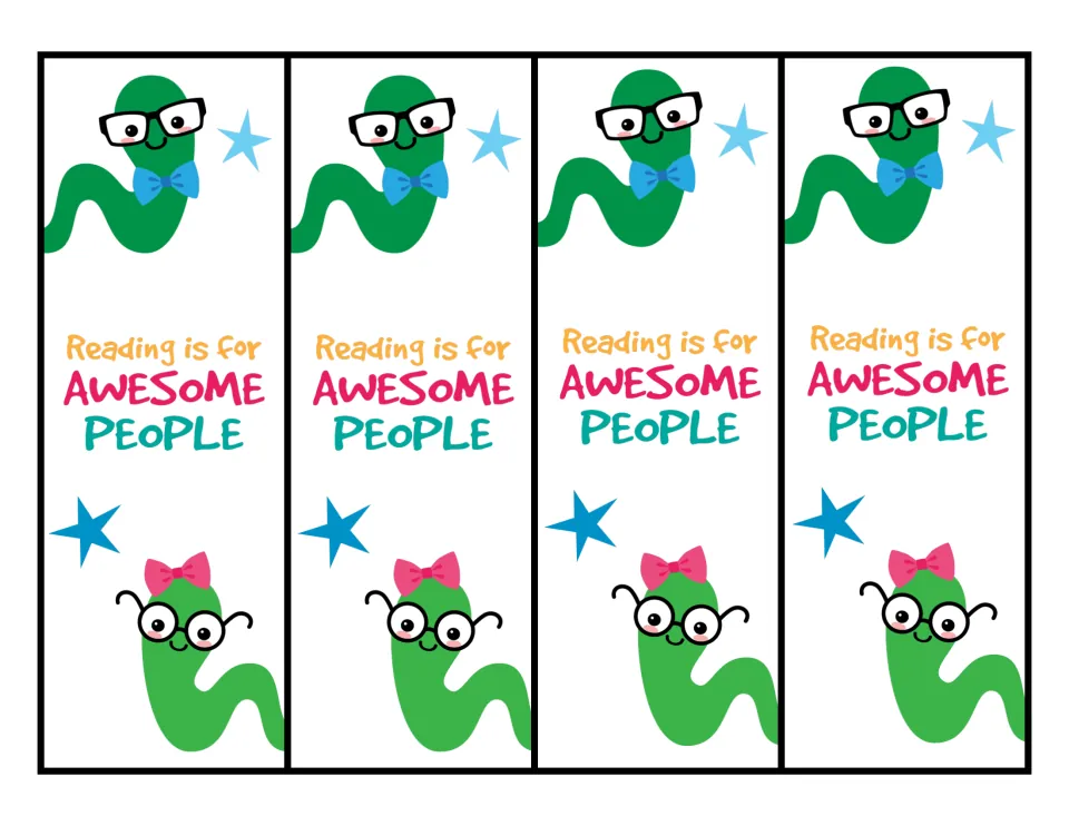 Reading Is for Awesome People bookmarks: four strips with a bookworm in glasses and bow tie and one with a pink bow