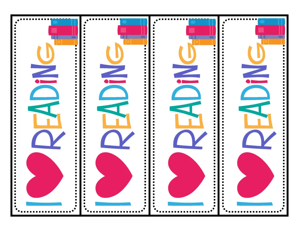 I Love Reading bookmarks: four strips with a red heart and colorful vertical READING lettering topped by a book stack