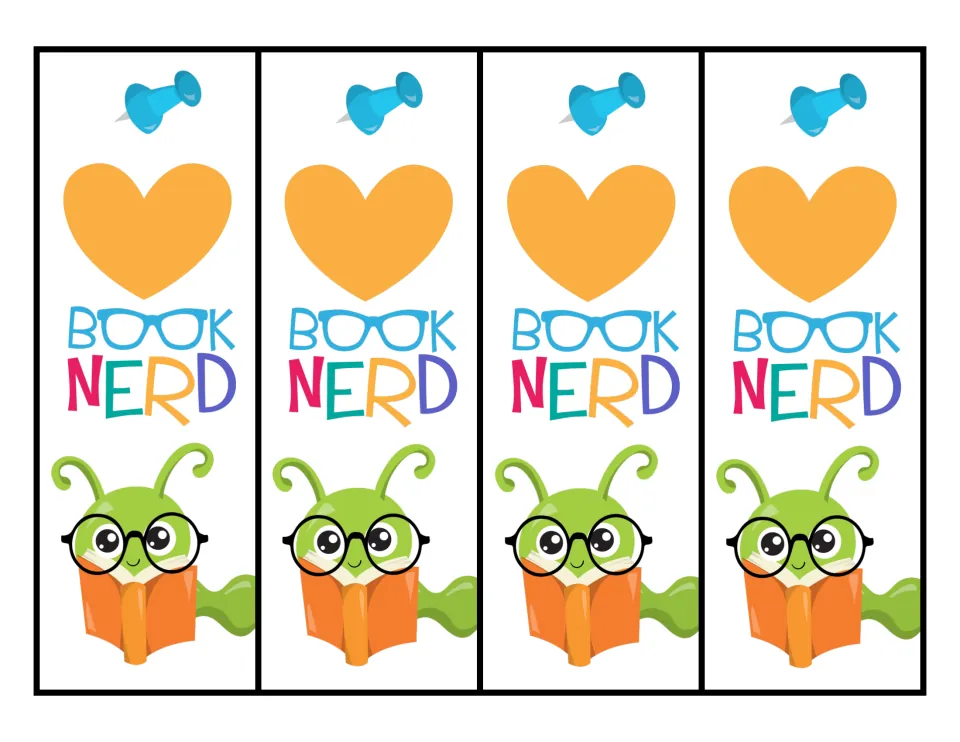 Book Nerd bookmarks: four strips with a blue pushpin, orange heart and a green bug in round glasses reading an orange book
