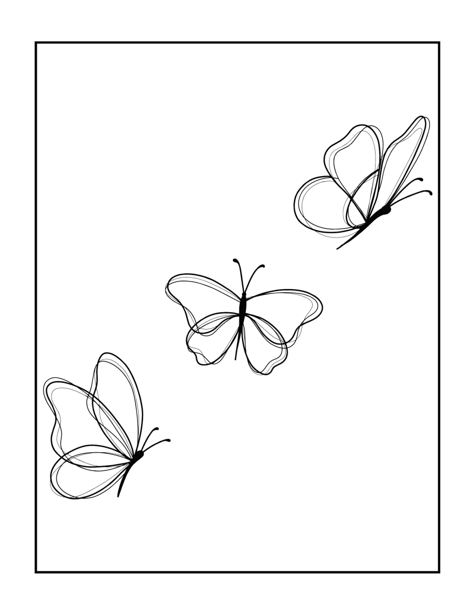 Butterfly coloring page: three sketchy, delicate butterflies fly in a diagonal row from bottom left to top right to color in