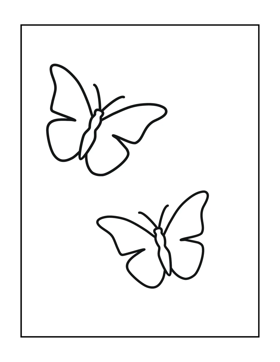 Butterfly coloring page: two bold-edged butterflies, one up top and one below, with large open wings to fill with color