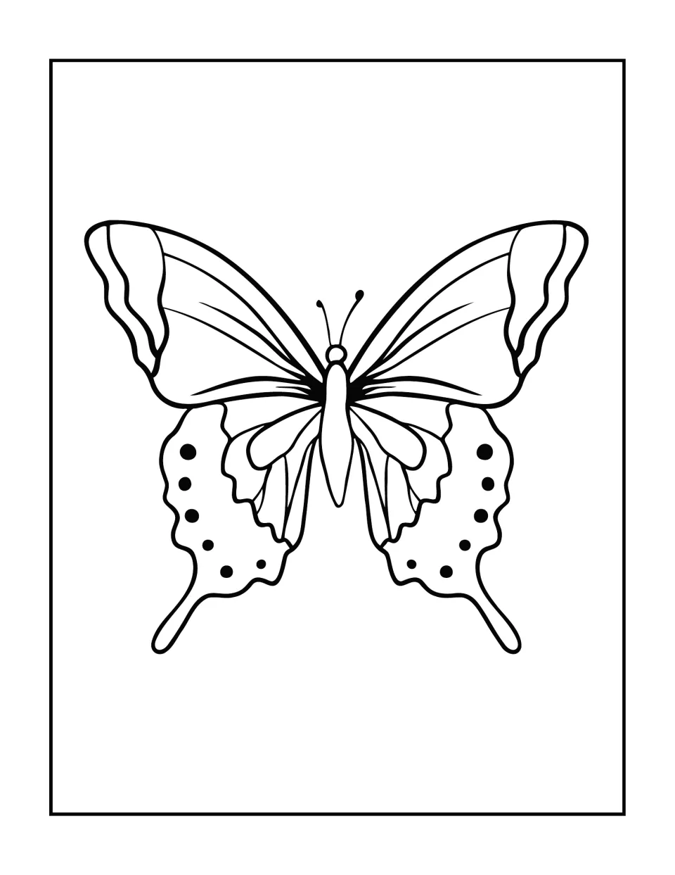 Butterfly coloring page: a swallowtail butterfly seen from above, with wavy wing edges, long tails and dotted lower wings