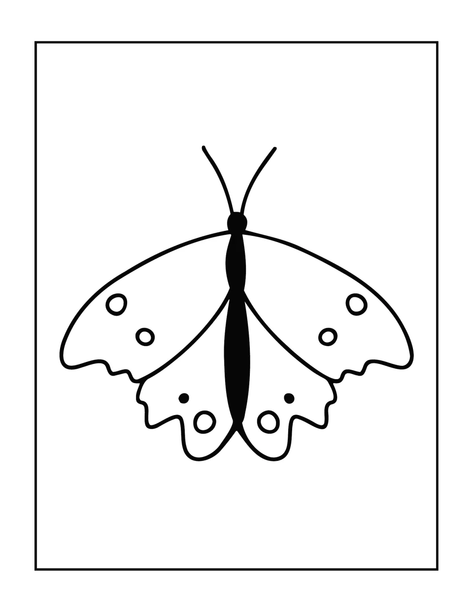 Butterfly coloring page: one butterfly with a solid black body, curved antennae and small circle spots on scalloped wings