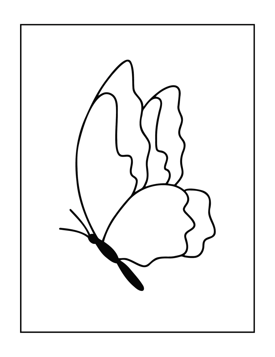 Butterfly coloring page: a side view of one butterfly with tall wavy-edged wings raised above a dark body at lower left