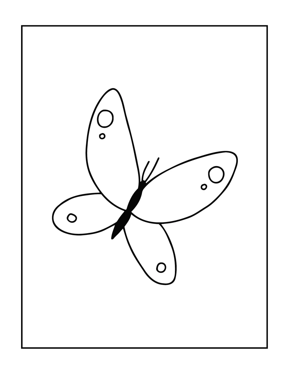 Butterfly coloring page: a simple tilted butterfly with four rounded, petal-like wings, each marked with small circle spots