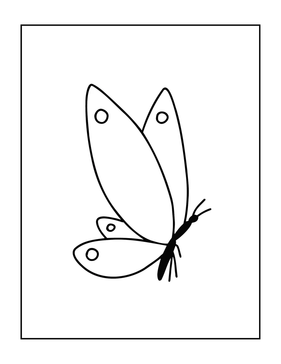 Butterfly coloring page: a butterfly in flight from the side, with tall pointed upper wings and round spots on each wing