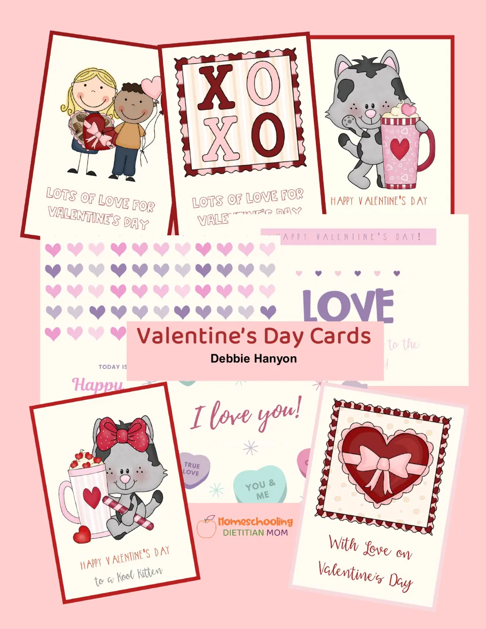 Valentine's Day Cards cover showing cat, XOXO, heart box, candy heart and LOVE fold-over card fronts by Debbie Hanyon