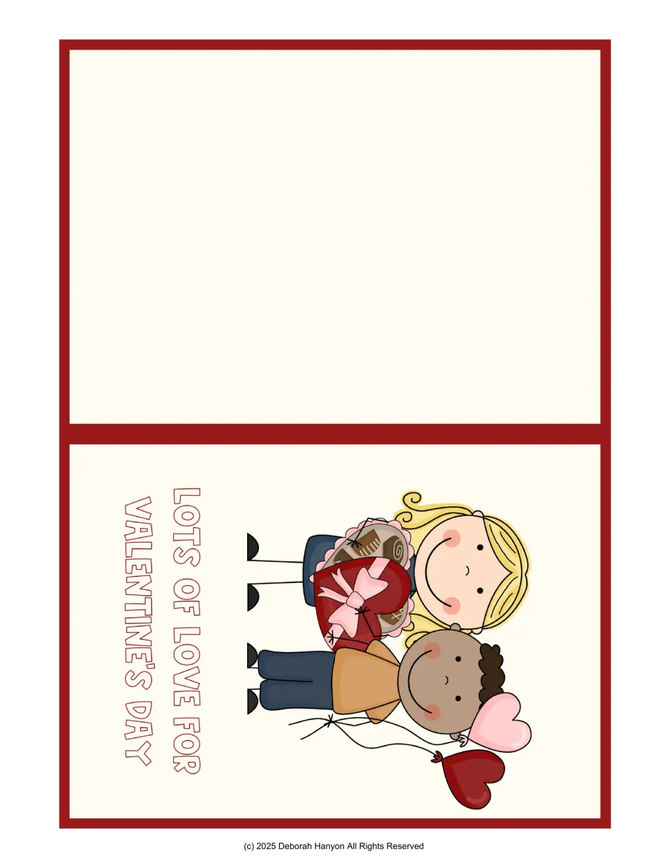 Fold-over Valentine card: two kids with a heart box of chocolates and balloons, 'Lots of Love for Valentine's Day'