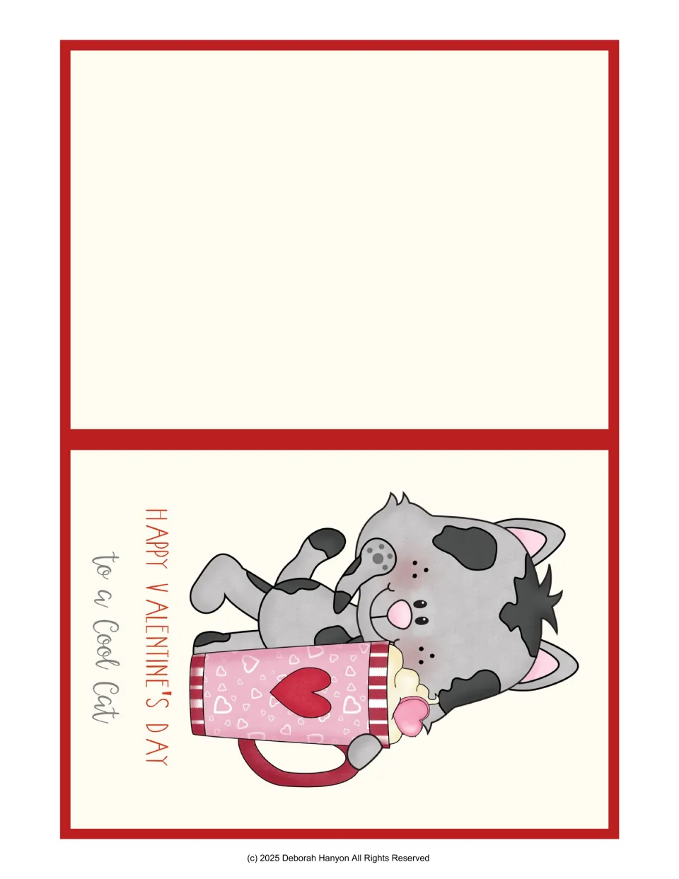 Fold-over Valentine card with a grey spotted cat and pink heart mug reading 'Happy Valentine's Day to a Cool Cat'