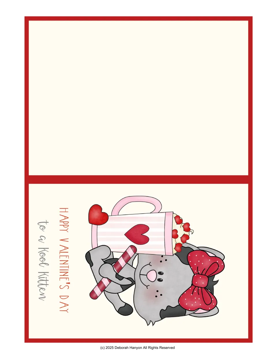 Fold-over Valentine card: kitten with a red bow, candy cane and heart mug, 'Happy Valentine's Day to a Kool Kitten'