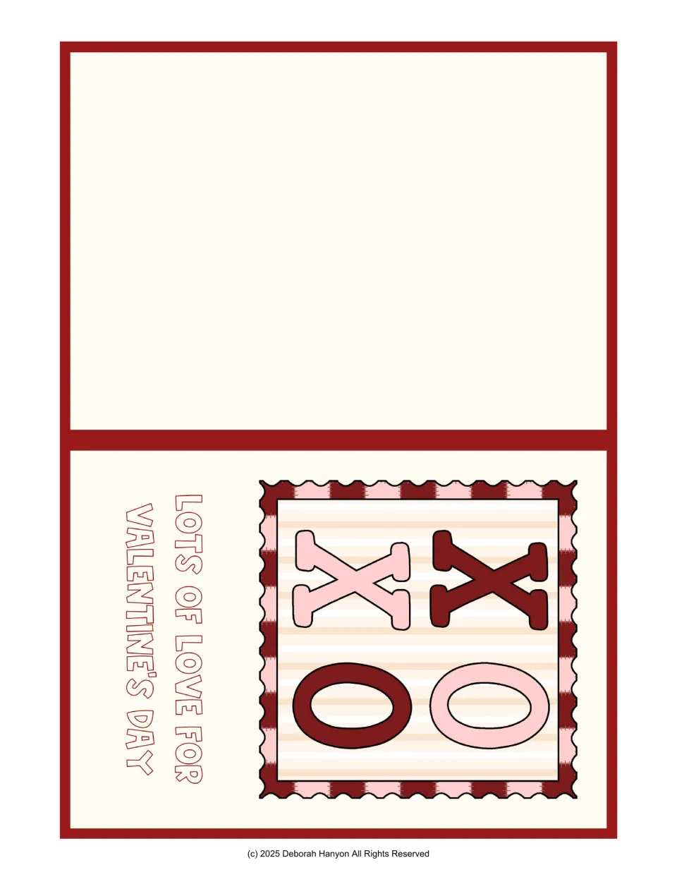 Fold-over Valentine card with a stamp-style XOXO design above the greeting 'Lots of Love for Valentine's Day'