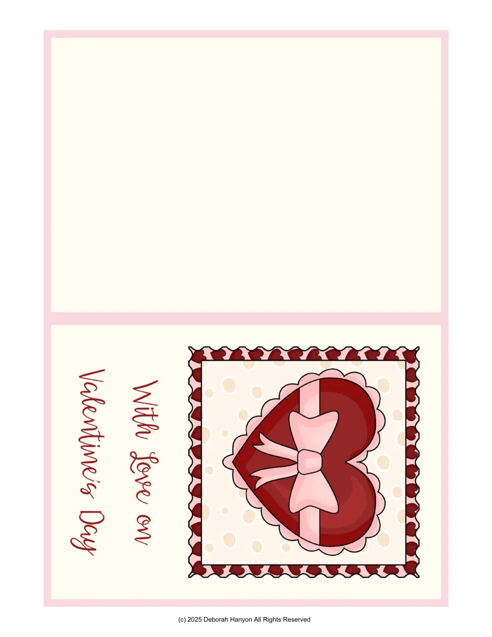 Fold-over Valentine card showing a heart-shaped gift box with a pink bow and 'With Love on Valentine's Day' script