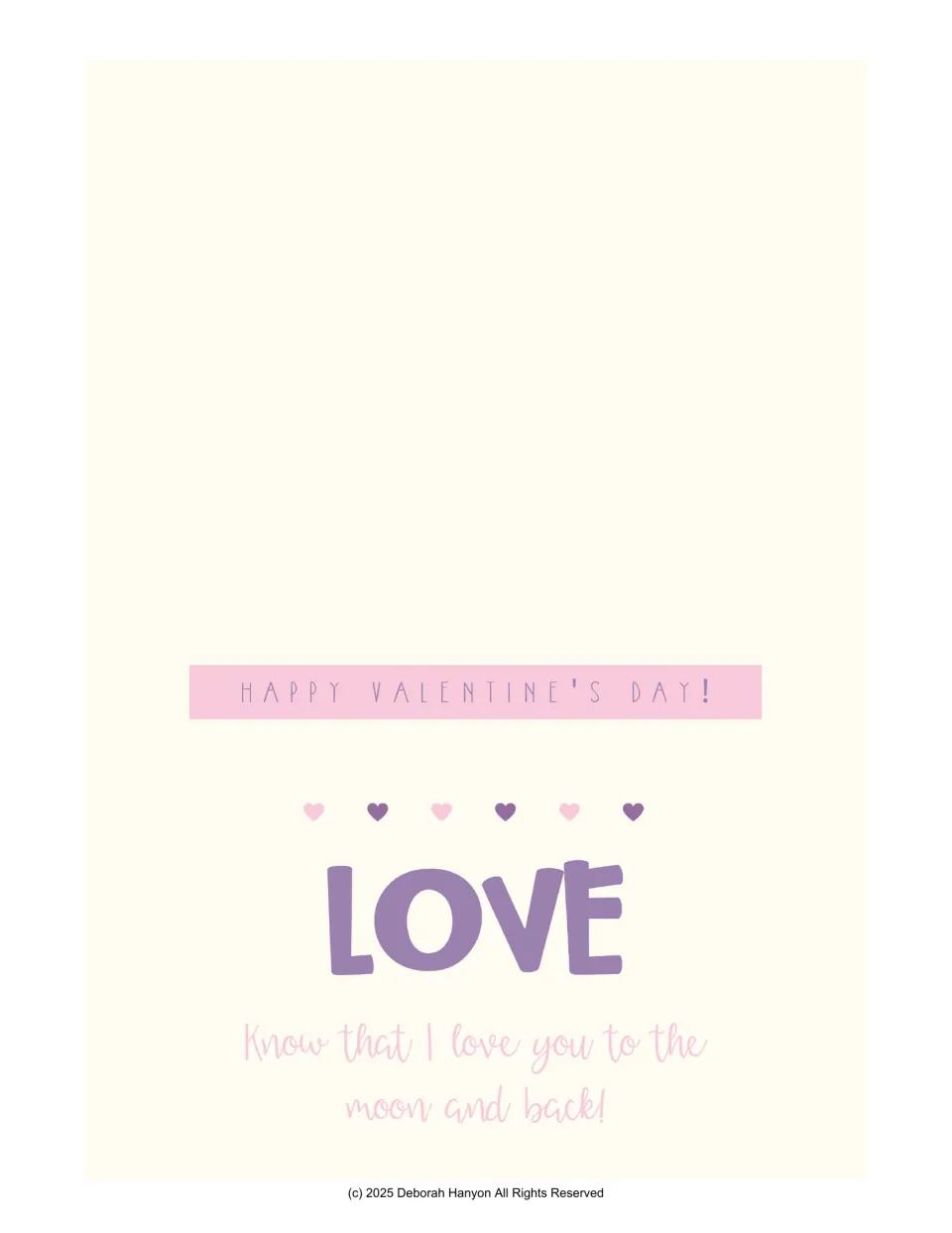 Valentine card front with a purple LOVE heading and 'Know that I love you to the moon and back!' message