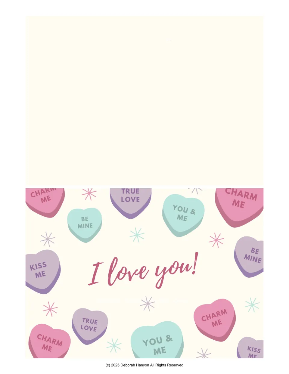 Valentine card covered in conversation candy hearts such as Be Mine and Charm Me around the words 'I love you!'
